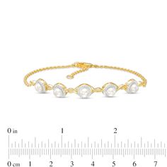 Adorn any look with a touch of elegance from this beautiful Akoya cultured pearl and diamond accent five-stone bracelet-featuring your favorite birthstone. Created in warm 10K gold Five luminous 4.0mm Akoya cultured pearls each glisten in a diamond-accented and beaded frame. Polished twisted ribbons flank each stone. Pearl is the traditional birthstone for June. The 5.5-inch cable chain bracelet with 2.5-inch extender secures with a lobster claw clasp. Diamond Bracelet With Birthstone For Anniversary, Anniversary Diamond Bracelet With Birthstone, Elegant Diamond Bracelet With Birthstone For Anniversary, Elegant Anniversary Diamond Bracelet With Birthstone, Beaded Frame, Twisted Ribbons, Pearl Diamond, Cultured Pearls, 10k Gold