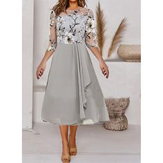 Season:Summer,Spring; Fabric:Polyester; Sleeve Length:Half Sleeve; Look After Me:Hand wash; Gender:Women's; Style:Elegant,Casual; Elasticity:Micro-elastic; Occasion:Daily,Holiday,Vacation; Fit Type:Regular Fit; Dresses Type:A Line Dress; Pattern:Floral; Design:Print,Mesh; Neckline:Crew Neck; Front page:FF; Production mode:External procurement; 2022 Trends:2022; Bust:; Length:; Sleeve:; Fit US Size:null; Fit UK Size:null; Fit EU Size:null; Dress Length Type:Midi Dress