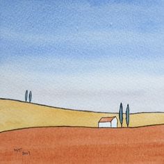 a drawing of a house in the middle of a field with three trees on it