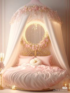 a bed with a canopy and flowers on it