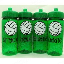 three green sports water bottles with white volleyball logos