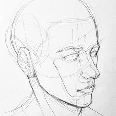 a drawing of a man's face with lines on the side and head in profile