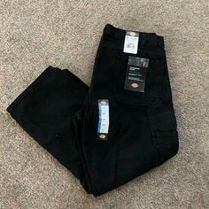 Brand New, Relaxed Fit Mid-rise Black Work Pants With Pockets, Black Mid-rise Work Pants With Pockets, Black Tapered Leg Work Pants With Belt Loops, Black Mid-rise Cotton Work Pants, Reworked Jeans, Dickies Carpenter Pants, Dickies Jeans, Dickie Jeans, Flannel Lined Jeans