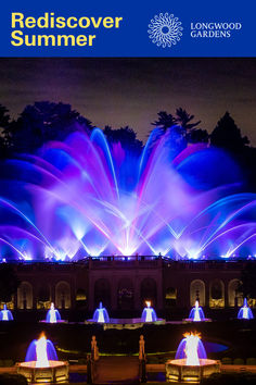 Fountain performance at Longwood Garden with purple and blue lights Quality Time With Friends, Open Air Theater, Luau Theme Party, Meadow Garden, Luau Theme, Party Dress Sale, Time With Friends, October 27, Dress Sale