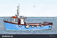 a drawing of a blue boat in the ocean