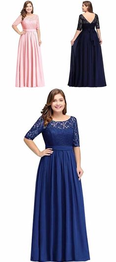 three different styles of bridesmaid dresses with lace on the shoulders and neckline