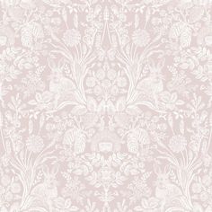 a pink wallpaper with white flowers and leaves on the bottom right corner, in an ornate pattern