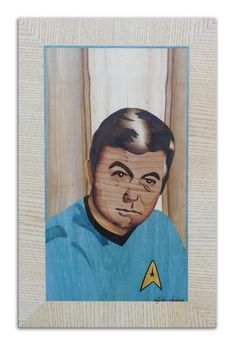 a painting of a man with a star trek insignia on his face and neck, in front of a window