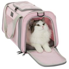 a cat sitting inside of a pink pet carrier