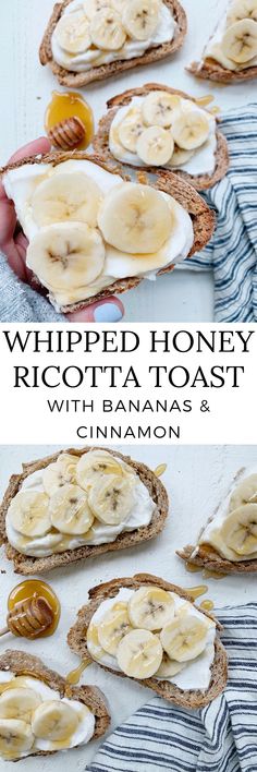 sliced bananas and honey sit on top of toasted bread, with the words whipped honey ricotta toast