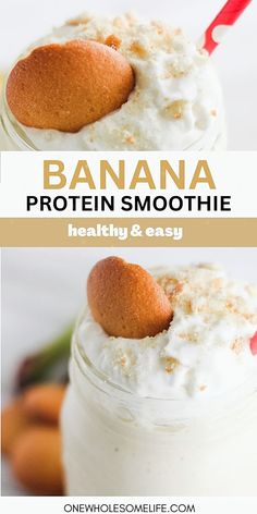 Banana smoothie in a glass jar. Easy Banana Smoothie, Vanilla Protein Shake Recipes, Healthy Protein Smoothies, Banana Protein Shake, Banana Smoothie Healthy, Banana Protein Smoothie, Healthy Protein Shakes, Protein Shakes Recipes, Vanilla Protein Shakes