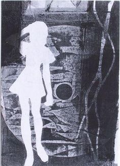 a black and white drawing of a girl standing in front of a mirror