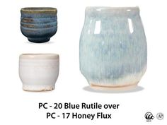 three different types of vases are shown in this image with the text pc - 20 blue ruttle over pc - 17 honeyflux