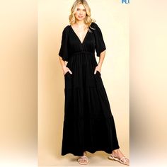 Plus Size Raglan Flare Sleeve Ruching Maxi Dress Chic Black Short Sleeve Maxi Dress, Black Flowy V-neck Maxi Dress, Flowy Black Maxi Dress With V-neck, Flowy Black Maxi Dress For Brunch, Casual Black Maxi Dress For Brunch, Black Maxi Dress For Brunch, Black V-neck Maxi Dress For Day Out, Black V-neck Maxi Dress For Brunch, Black Short Sleeve Maxi Dress For Vacation