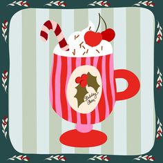 a christmas mug with whipped cream and cherries on the rim is surrounded by candy canes