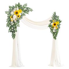 an arch decorated with sunflowers, greenery and white draping for a wedding ceremony