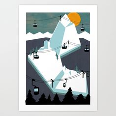 an art print with a ski lift going up the mountain in front of mountains and trees