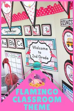 flamingo classroom theme with pink and white polka dot bunting, bulletin board and decorations