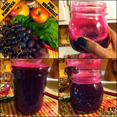 there are four pictures of different jars with fruit in them, and one is filled with liquid