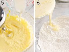 two pictures showing how to make batter in a blender