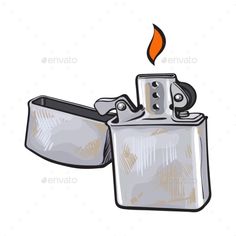 a silver lighter with an orange flame on the top - miscellaneous objects / objects illustrations