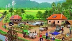 a painting of people and animals in a rural area with houses, trees, and water