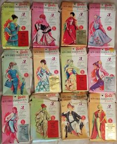 twelve vintage sewing patterns from the 1950's and 1960s's are on display