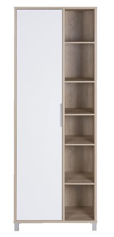 an open bookcase with two doors and shelves on the bottom, in light wood