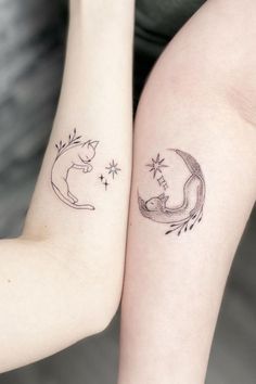 two small tattoos on the arms of women, one with a crescent moon and star