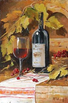 a painting of a bottle of wine and a glass on a table next to some grapes