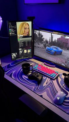 a desk with two computer monitors, keyboard and mouse on it in front of a car