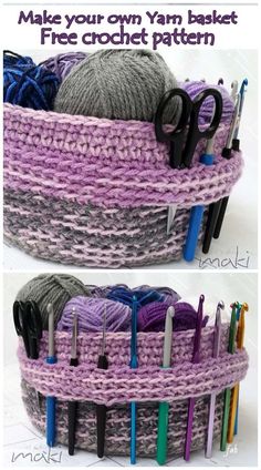 yarn basket with scissors and knitting needles in it that is made out of yarn balls