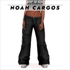 a woman in black pants with the words noah cargos on her chest and bottom