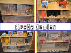 two pictures of the back and front shelves of a children's book center with bins