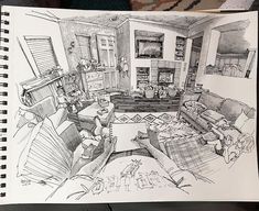 a drawing of a living room with couches and tables