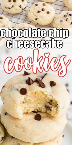 chocolate chip cheesecake cookies stacked on top of each other with the title above it