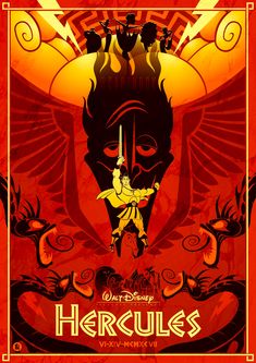 the poster for herculas is shown in red and orange colors, with an image of