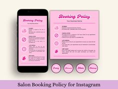 a pink phone sitting next to a pink and white sign that says, salon looking policy for instagram