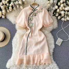 Name: embroidered flowers, short sleeve flounces, bodycon dressMaterial:blended,embroideredColor:as pictureStyle:vintage, young stylefeatures:fashion,uniqueSize(cm):S,M,L,XL 1inch=2.54cmS:length 93 bust 86 waist 74 sleeve 24<br/><p>M :length 94 bust 90 waist 78 sleeve 25</p><br/><p>L :Length 95 Bust 94 Waist 82 sleeve 26</p><br/><p>XL: Length 96 Bust 98 Waist 86 sleeve 27</p><br/><p>Note:Due to different measurement methods,there Spring Embroidered Cheongsam With Stand Collar, Fitted Embroidered Dress With Ruffles And Short Sleeves, Fitted Short Sleeve Dress With Floral Embroidery, Fitted Embroidered Dress With Floral Design And Short Sleeves, Traditional Short Sleeve Cheongsam For Spring, Summer Fitted Floral Embroidery Cheongsam, Summer Floral Embroidered Fitted Cheongsam, Fitted Summer Cheongsam With Floral Embroidery, Fitted Floral Embroidery Cheongsam For Summer