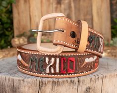 Unisex Mexico stamped leather western belt -COLOR BROWN Southwestern Adjustable Belts For Western-themed Events, Rustic Leather Belt For Rodeo, Adjustable Southwestern Belt For Western-themed Events, Western Style Adjustable Belts For Western-themed Events, Southwestern Leather Belt For Rodeo, Southwestern Style Leather Belt For Rodeo, Southwestern Hand Tooled Leather Belt Buckles, Western Leather Belt For Western-themed Events, Southwestern Leather Belt Buckles For Rodeo