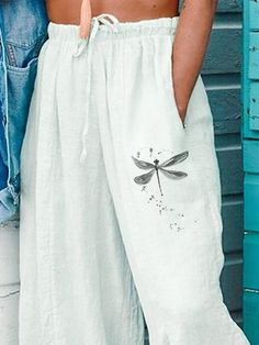 Loose Printed Casual Pants, White / S Casual White Capris With Pockets, Casual White Wide-leg Capris, College Bucket List, Pants White, Loose Pants, Favorite Dress, Casual Pants, Crochet, Pants