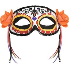 This fabric calavera mask is ornately designed with vibrant colors sequin trims and orange fabric flowers on either side. It's an easy way to dress your best without having to do your own makeup. Day of the Dead Calavera Fabric Eye Mask product details:  Attached elastic to secure Sequin and ribbon details Polyester exclusive of decoration Spot clean only Shirt and makeup not included One size fits most teens and adults Mask Halloween Costume, Sugar Skull Costume, Sugar Skull Face, Skull Face Mask, Sugar Skull Design, Half Mask, Halloween Costume Shop, Halloween Store, Mask Halloween