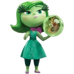 an action figure with green hair holding a mirror