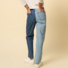 Embrace effortless style with our Crossover Straight Jeans, designed for those who love a blend of casual comfort and trend-forward fashion. Featuring a unique two-tone denim print, these jeans bring a fresh twist to your everyday wardrobe. The high-rise fit and straight silhouette provide a flattering, elongating effect, while the crossover design adds a distinctive embellishment. Finished with a classic button closure and a regular length, these jeans are perfect for adding a playful yet polis Trendy Denim Blue Patchwork Jeans, Casual Denim Blue Jeans With Patchwork, Casual Denim Blue Patchwork Jeans, Trendy Patchwork Denim Blue Jeans, Trendy Relaxed Fit Patchwork Jeans, Blue Patchwork Relaxed Fit Jeans, Casual Relaxed Fit Patchwork Jeans, Trendy Two-tone Denim Bottoms, Spring Washed Blue Patchwork Jeans