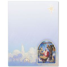 an image of the birth of jesus on a white background with blue sky and clouds