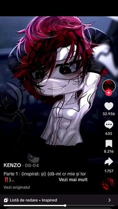 an anime character with red hair and black eyes, in front of a dark background