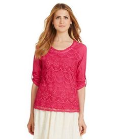 product image Casual Embroidered Top With 3/4 Sleeves For Spring, Casual Embroidered Top With 3/4 Sleeves, Lace Knit Top, Lace Front Top, Clothing Apparel, Lace Knitting, Dillard's, Shoes And Accessories, Women Tops