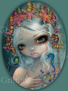 an image of a woman with white hair and seahorses on her head, surrounded by shells