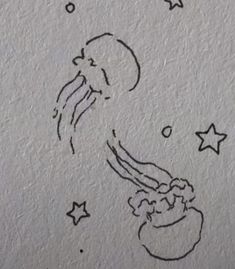 an ink drawing of a jellyfish in a bowl with stars on the wall behind it