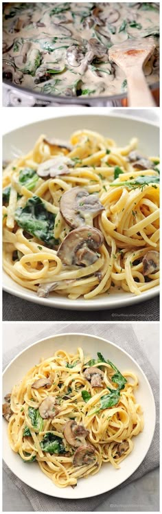 two plates with different types of food on them, one is pasta and the other has mushrooms